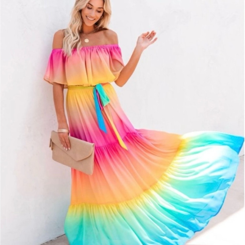 VICI Rainbow Skies Off The Shoulder Tiered Maxi
Dress Size Large Like New
